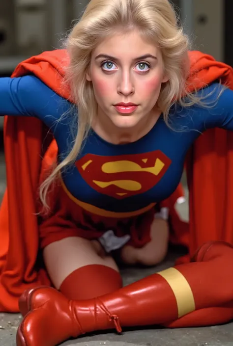 Helen Slater . blue eyes BLONDE HAIR (Supergirl) A VERY SEXY Helen Slater AS Supergirl WITH blue eyes AND LONG HAIR, WEARING A Supergirl COSTUME AND CAPE. High Definition 4K Rich Color, Learn more about 8K. blue eyes. (Raise both knees and , I'm bending...