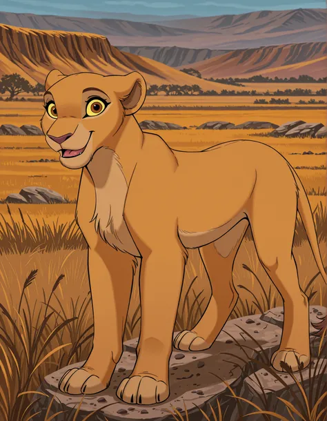 Kiara, Reddish-brown eyes, Yellow sclera, (solo:1.3), best quality, highly detailed, detailed fur, detailed background, 
Solo, Furry, female, feral, lioness, Kiara, reddish-brown eyes, yellow sclera, smile, open month, tongue, tail, looking at viewer, sava...