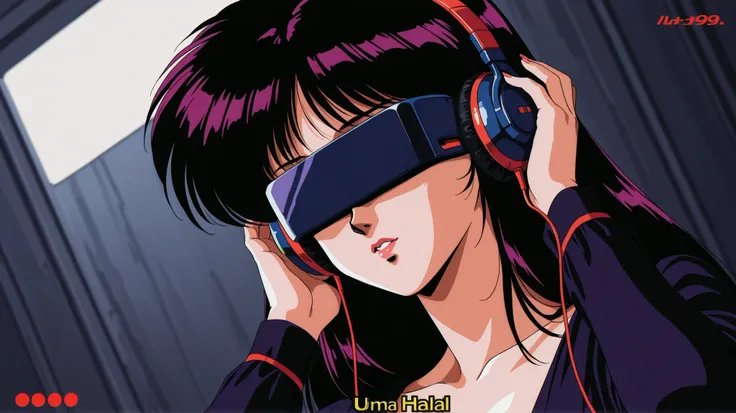 woman using headphones and retro virtual reality in a dark hall, dark style retro 90s