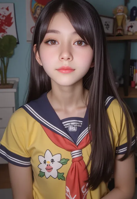 (super cute young face:1.1),(clear very attractive large glowing eyes:1.1), (japanese idol face:1.3),very beautiful cute girl,(baby face:1.2),exquisite smooth and silky long brown straight hair,fair skin,(happy cheerful smile),professional photograph , (sa...