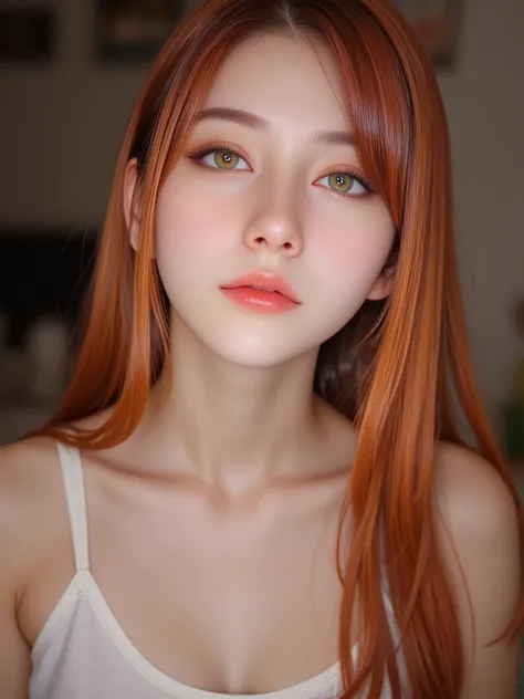 A young woman , 18 years old,Red Brown Long Straight Hair,Green Eyes Beautiful,Delicate Charming,Shoulders and Perfect Five Eyes, Huge ,Exudes a glamorous charm