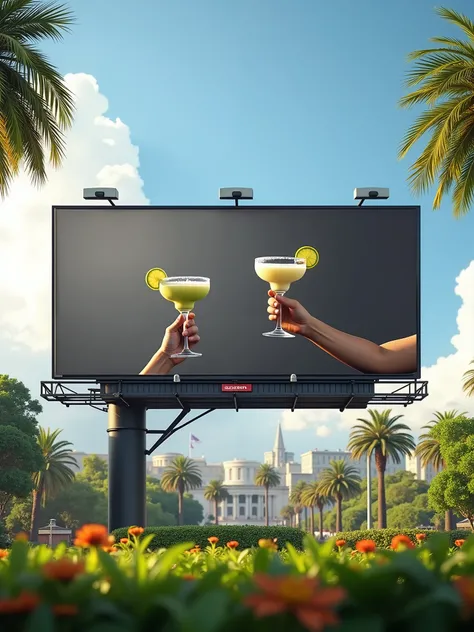Criar um outdoor Billboard (em branco), no alto, In the center of Saint. James Park,  the billboard faces,  centered on the image , At the end of the outdoor there are two black swimsuit models holding a glass of margaritas. 4k. high quality. ultra definit...