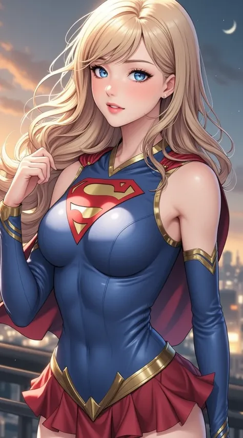 (masterpiece,  computer, mejor quality,  Clear focus, shadow, anime style, ultra high resolution, 8K, perfect anatomy, rostro perfecto, (detailed face), (  Detailed eye  ), score_9, score_8_up, score_7_up, score_6_up, score_5_up, score_4_up,  source _Animated, Label 1, Label2, quality_masterpiece, anatomically correct, beautiful face, rostro perfecto, Beautiful and highly detailed face and eyes, Attractive face, detailed face, delicate facial features, detailed leather, pechos enormes, breast size cup D or DD, wide hips, gigantic butt texture, thick thighs. Supergirl from DC comics, Young superhero style woman, beautiful face y decidido, bright blue eyes, long golden blonde hair, slightly wavy, waving in the wind. She wears a classic Supergirl costume: fitted blue blouse with the red and yellow shield of the "S" in the chest, short red skirt with dynamic movement, stylized gold belt, red cape flowing backwards, knee-high red high boots with gold details. athletic build, strong female figure. Background with open sky or city at dusk. Heroic lighting , realistic comic style or hyperrealism with an epic touch, clean aesthetics , bright and saturated colors. In the background you can see a blurry city with daylight illuminating the scene.