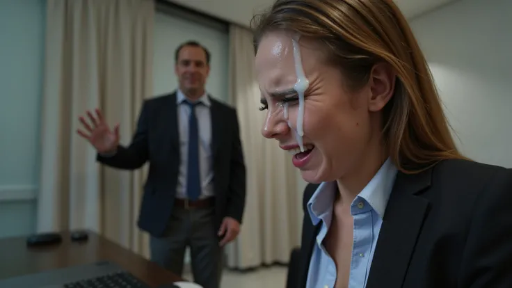 Female employee crying with humiliating expression typing on the computer in the luxury office, (((NSFW, cum on her face and hair))), ((closeup)), photorealistic ultra high-definition (UHD, 8K). Her male boss standing on the background.