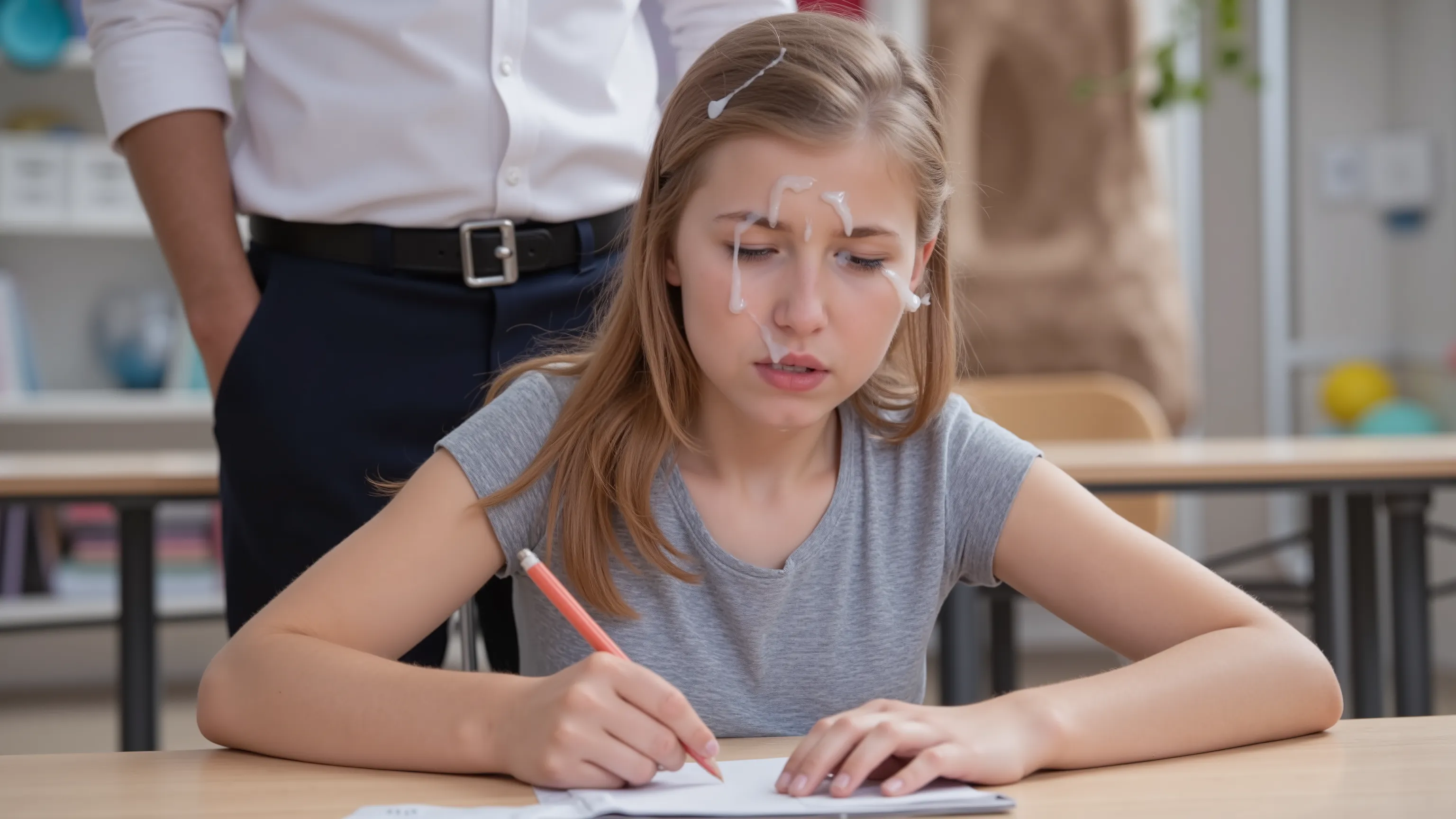 Young schoolgirl ashamed with humiliating expression writing to the notebook in the classroom, (((NSFW, cum on her face and hair))), ((closeup)), photorealistic ultra high-definition (UHD, 8K). Her male teacher standing behind her.