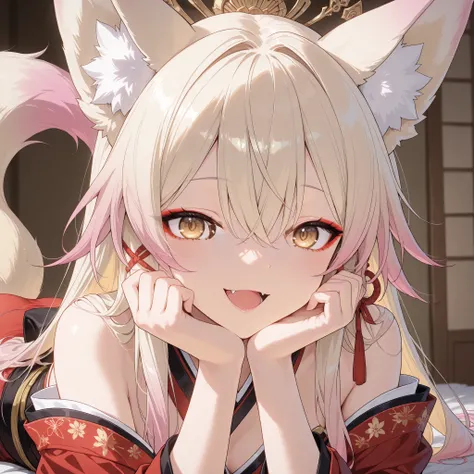 Fox girl, pale-blonde hair, Renard, Fox tail, Beautiful, Long Hair, (Rosy pink gradient on hair), Golden Eyes with purple shade, red kimono, cheeky, hair ribbon, alluring, fang, cunning, sly , sexy expression, Kitsune make-up, kitsune, mature, eyeliner, pa...