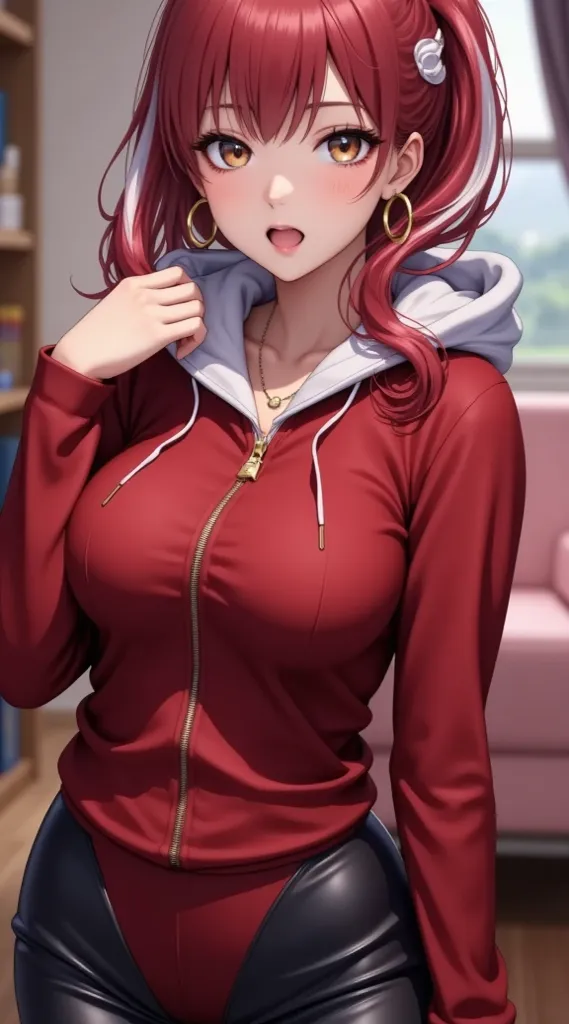  (masterpiece,  computer, mejor quality,  Clear focus, shadow, anime style, ultra high resolution, 8K, perfect anatomy, rostro perfecto, (detailed face), (  Detailed eye  ), score_9, score_8_up, score_7_up, score_6_up, score_5_up, score_4_up,  source _Animated, Label 1, Label2, quality_masterpiece, anatomically correct, beautiful face, rostro perfecto, Beautiful and highly detailed face and eyes, Attractive face, detailed face, delicate facial features, detailed leather, pechos enormes, breast size cup D or DD, wide hips, gigantic butt texture, thick thighs. Anime style illustration a beautiful woman with an elegant and sensual look, x} with long wavy hair in dark red tones with tips white-pink, straight bangs covering the forehead. Large hazel eyes with flirty expression, fair skin and slightly flushed cheeks. She wears a golden earring in the shape of a large hoop on each ear. She is dressed in a tight red zipped sweater, to show a white hood underneath. She wears tight black leather pants with a visible zip closure. It has golden necklaces with pendants. Blurred background with shelves or bookcases,  modern indoor environment .  Detailed artistic style , soft lighting, attractive and vibrant aesthetic.