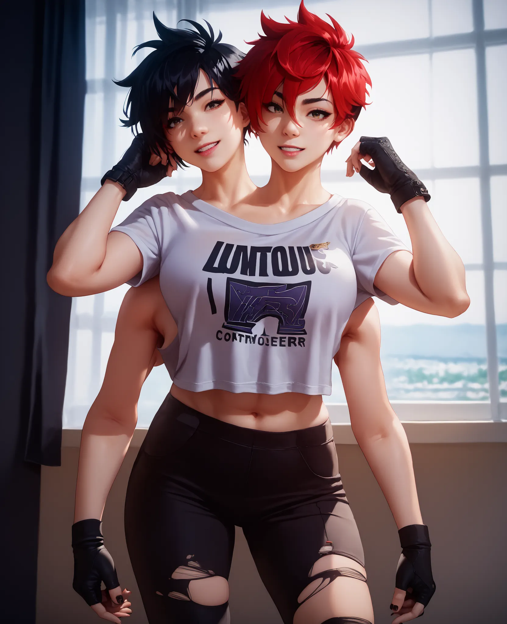 best resolution,anime woman with two heads, gold eyes, different hair colors, red hair, black hair, different hairstyles, different hair-lengths, short hair, long hair, pixie hair, straight hair, hair down, oversized sports jersey, tomboy, one shoulder b...