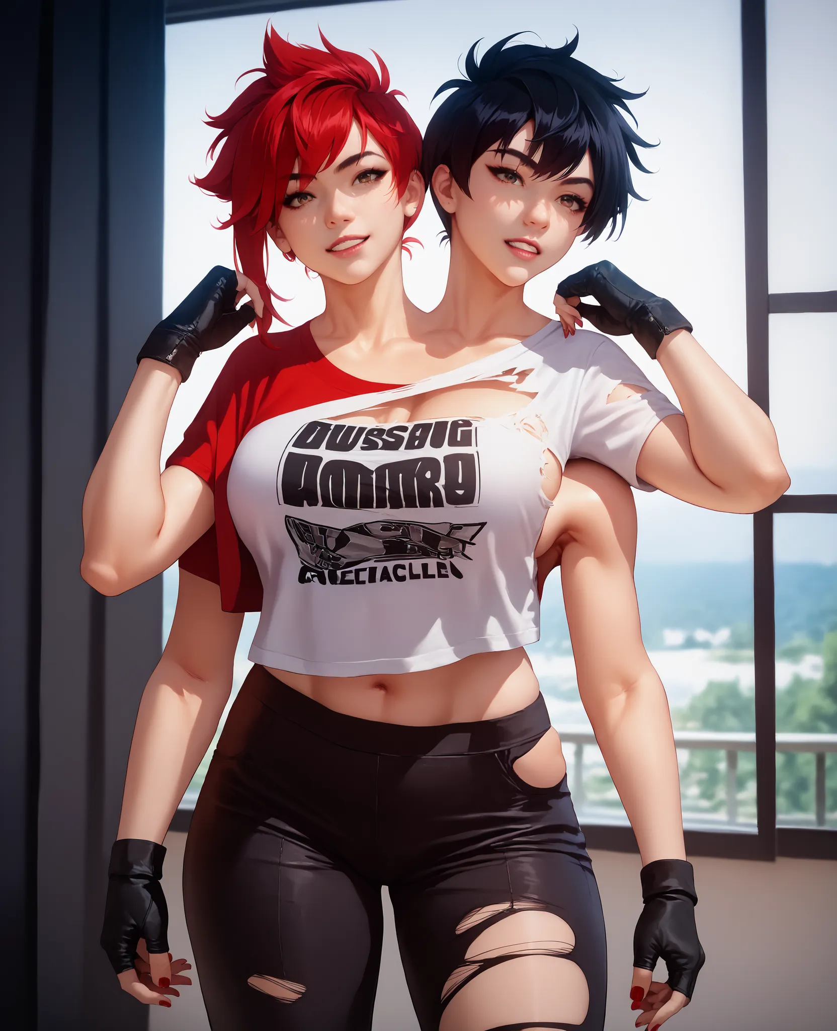 best resolution,anime woman with two heads, gold eyes, different hair colors, red hair, black hair, different hairstyles, different hair-lengths, short hair, long hair, pixie hair, straight hair, hair down, oversized sports jersey, tomboy, one shoulder b...