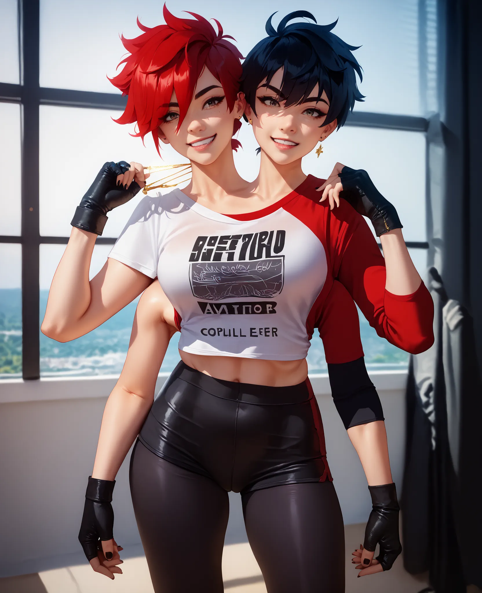 best resolution,anime woman with two heads, gold eyes, different hair colors, red hair, black hair, different hairstyles, different hair-lengths, short hair, long hair, pixie hair, straight hair, hair down, oversized sports jersey, tomboy, nerd, slim bui...