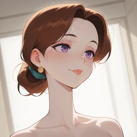 An extremely super beautiful impossibly gorgeous mature woman with half-lidded purple eyes, slim neck, a small nose, deep-brown hair tied in a high raised ponytail with two side fringes, extremely fair pale white skin, and ed plump round lips. She has a pl...