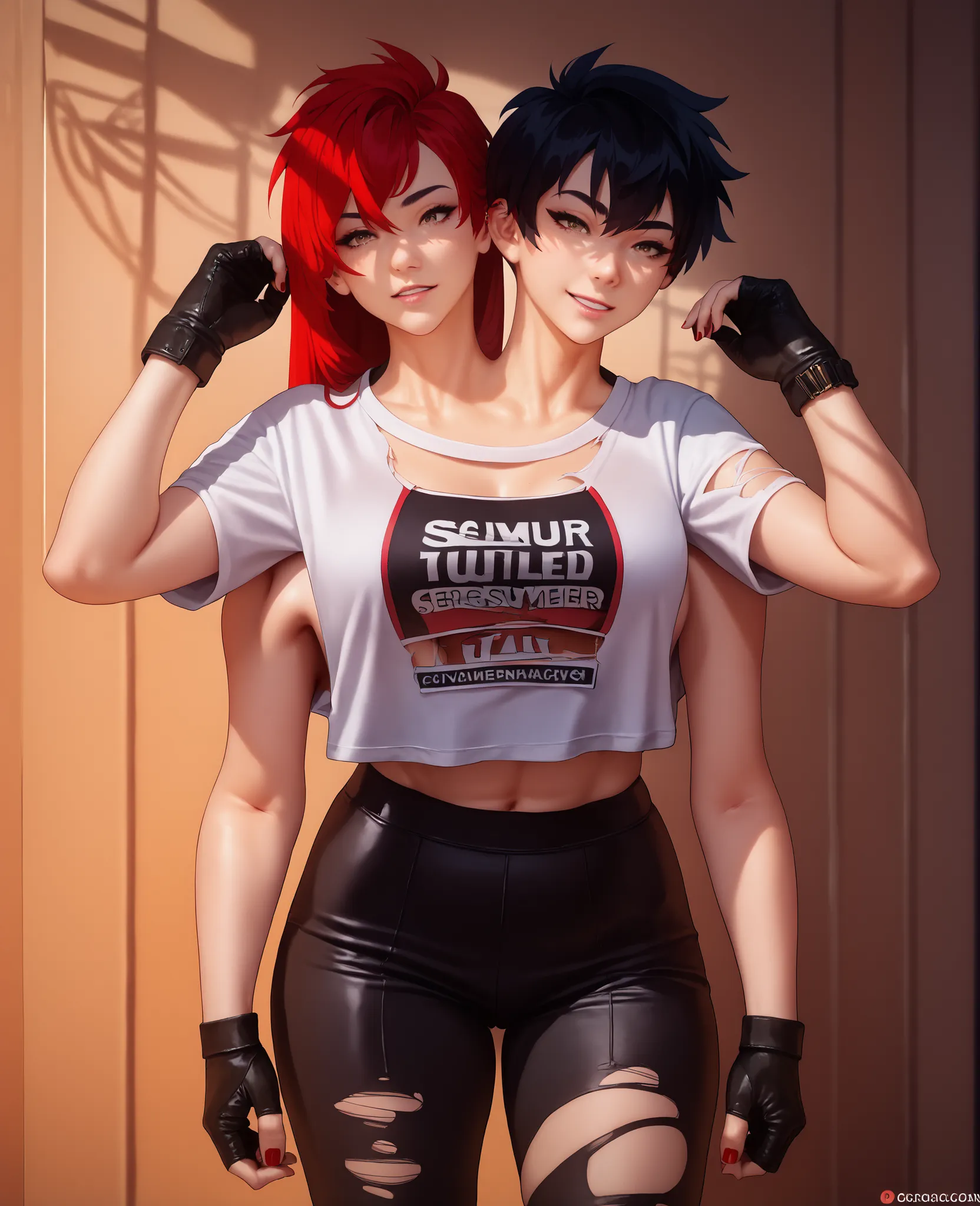 best resolution,anime woman with two heads, gold eyes, different hair colors, red hair, black hair, different hairstyles, different hair-lengths, short hair, long hair, pixie hair, straight hair, hair down, oversized sports jersey, tomboy, one shoulder b...
