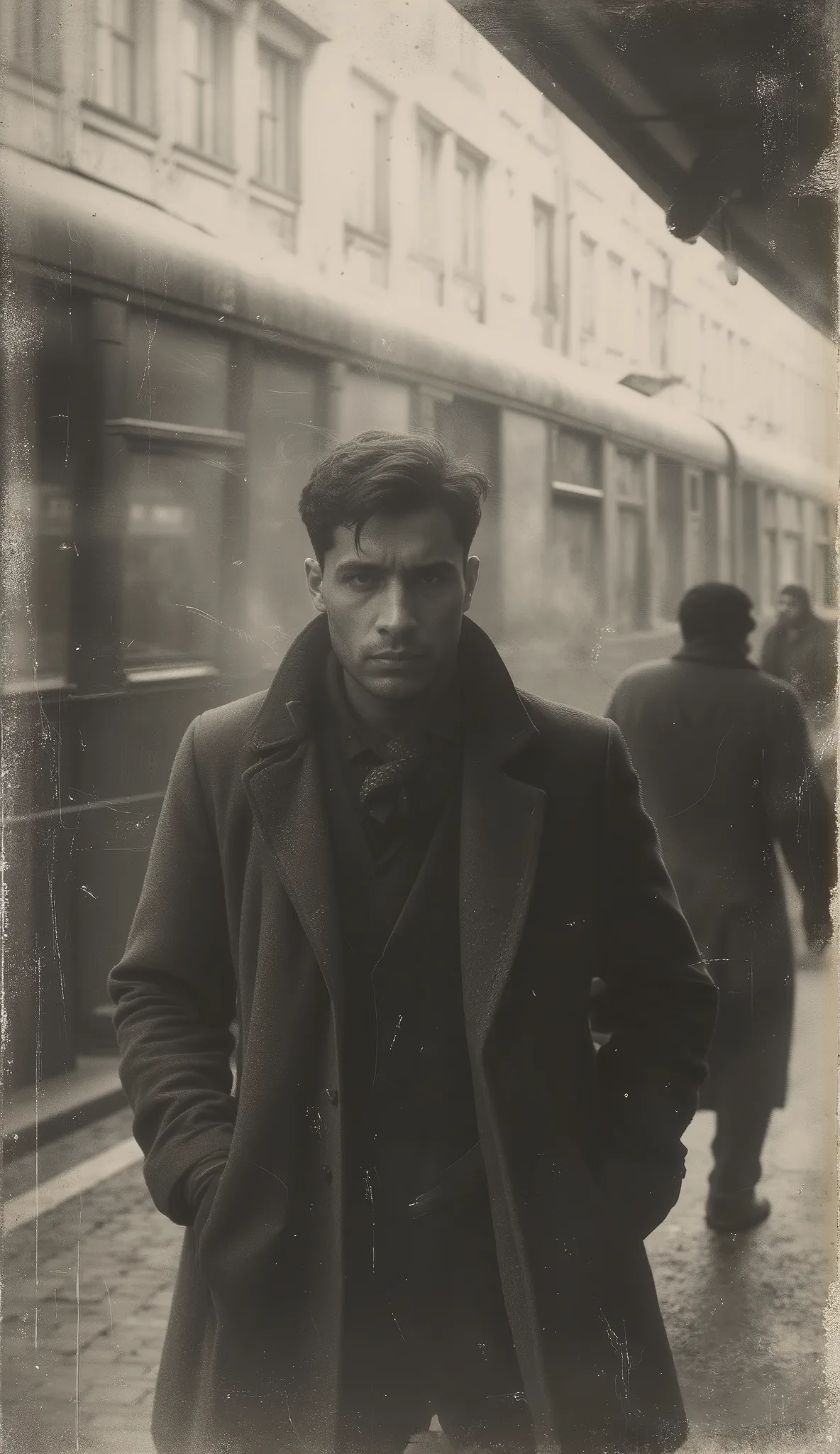 Man dressed in a suit at the old train station 1930, As the fog clears, vintage style with soft and melancholic lighting.