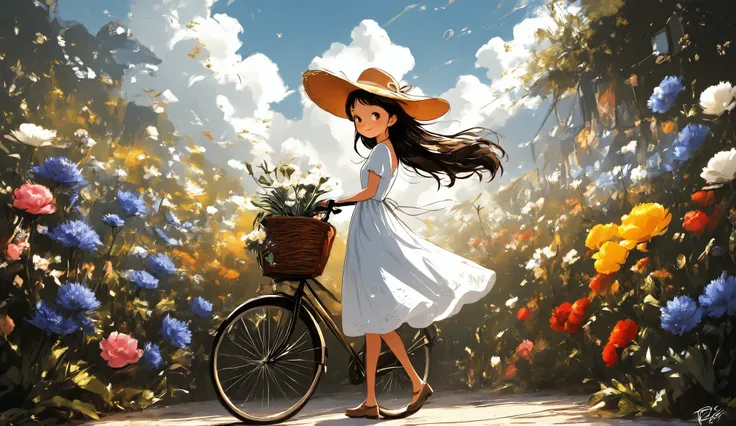 whimsical art style, surreal fantasy, a close up of a girl thin and tall pushing her bicycle on a sunny day, the bicycle's basket carries flowers, a bag, and a bottle of water. The girl is wearing a summer dress, along with a sun hat. Her long hair is blow...