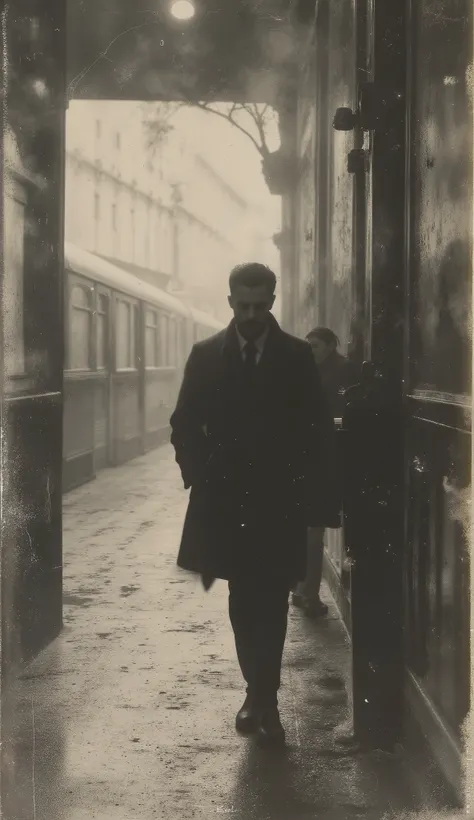 Man dressed in a suit at the old train station 1930, As the fog clears, vintage style with soft and melancholic lighting.
