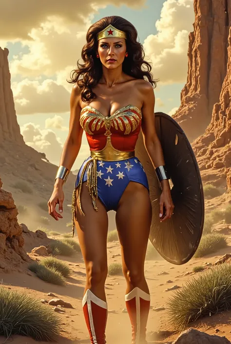 Lynda Carter as a battle-hardened Wonder Woman in a dusty, post-apocalyptic desert, armor weathered and scratched, wielding a battered shield, standing among ruins with a determined expression, dusty winds blowing her hair, dramatic orange skies, gritty an...