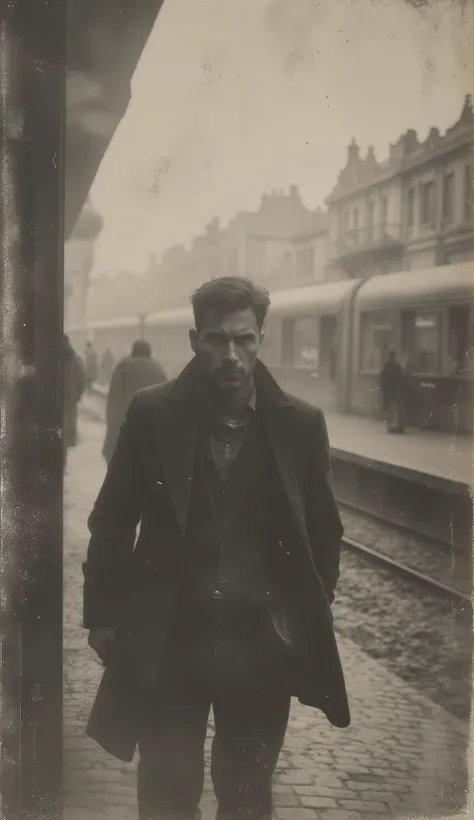 Man dressed in a suit at the old train station 1930, As the fog clears, vintage style with soft and melancholic lighting.