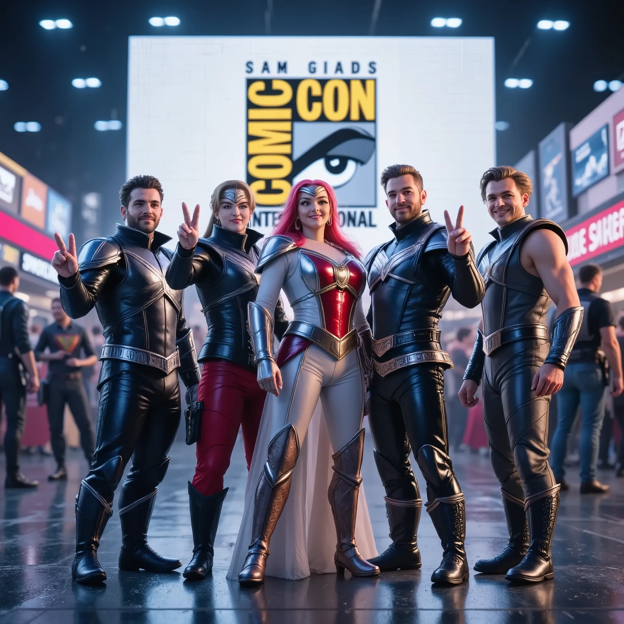 (Cinematic group shot, masterpiece quality) A diverse group of passionate Comic Con fans in full cosplay — characters from anime, video games, comics, and sci-fi universes — gathering in front of a giant LED Comic Con logo wall, hugging, laughing, posing w...