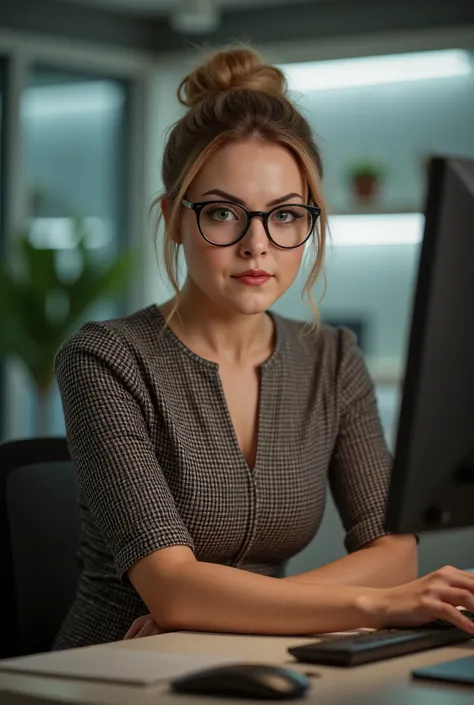 A candid, photorealistic shot of ViennaFoxx, mid-20s, seated at her desk in a sleek tech office. She wears a crisp tight checkered dress. Her messy blonde bun is loose, with strands falling around her face. She leans forward slightly, Black frame glasses, ...