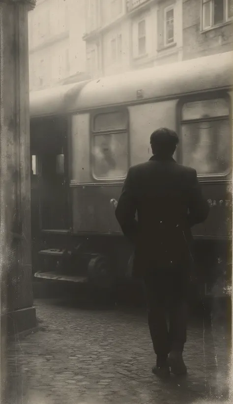 Year 1930 Man dressed in a suit climbing with his back to the old train at the old station, his face is not seen, As the fog clears, vintage style with soft and melancholic lighting.