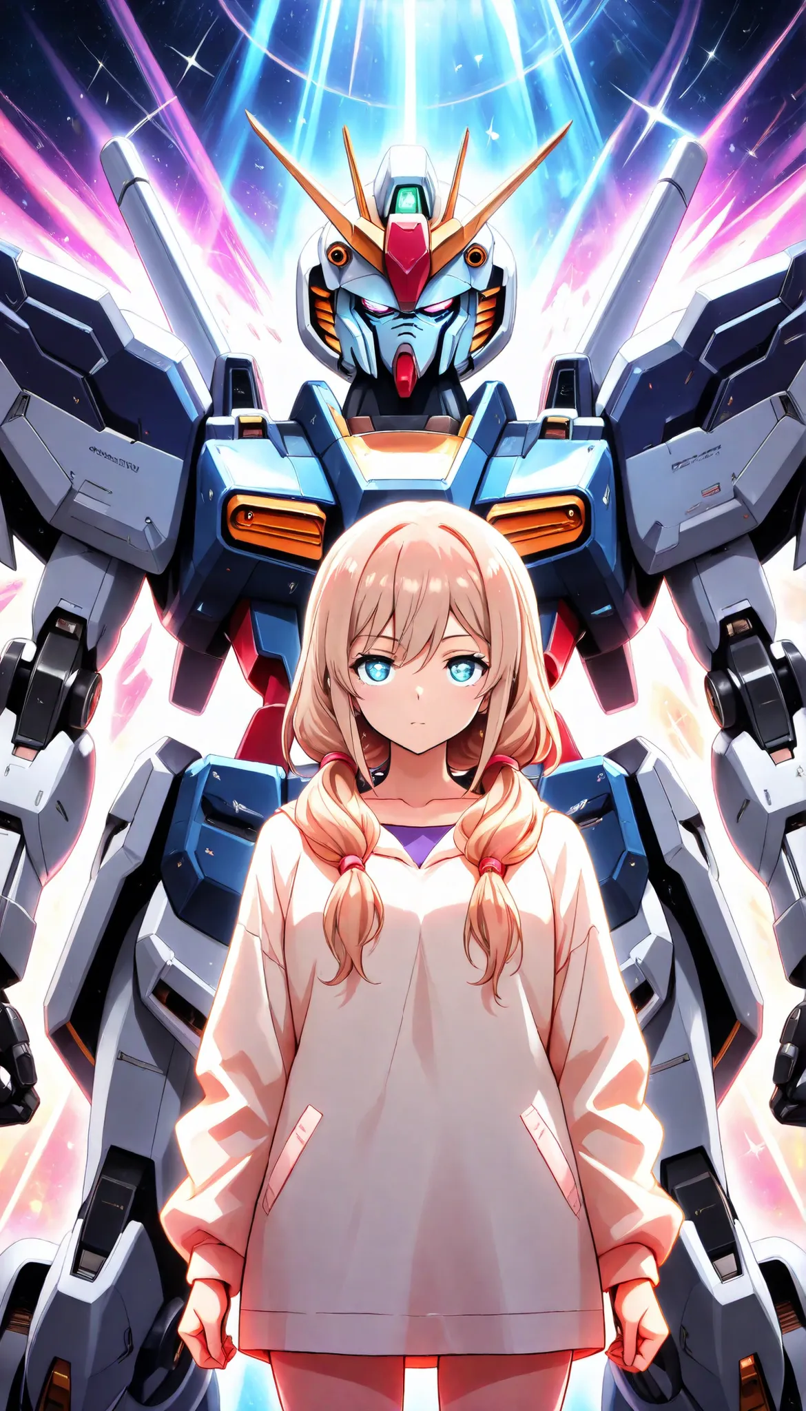 ((masterpiece)), ((best quality)), perfect detailed eyes, perfect detailed face, light brown hair, hair over shoulder, anime style, Surrealism, sparkle, cinematic lighting, A beautiful woman with a Gundam-style mechanical body, Mechanical limbs, sci-fi ani...