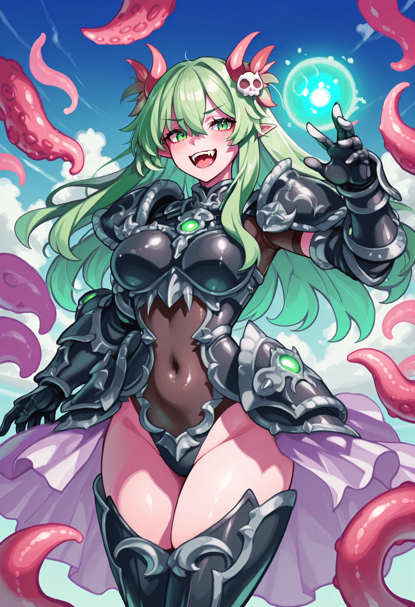 Armored succubus. Green hair. Long hair. Glowing orb hair accessory. Mantis design elements. Bone-like armor. Biological armor. Black armor. Weaponized arms. Sea anemone-shaped tentacles. Multiple tentacles. Tentacles with mouths. Khezu growing from her bo...