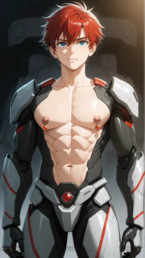 A high-definition image of a young shota boy wearing a mecha robotic full body armor that open only at the abdomen and chest, revealing defined abs and chest to his nipples, The background shows a futuristic, high-tech setting with advanced machinery and d...