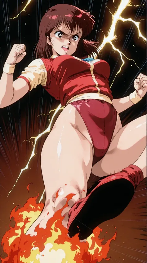 score_9, score_8_up, score_7_up, masterpiece, source_anime,1girl, (Takaya Noriko,dark brown medium hair,red and white colored leotard,curvy ,angry expansion,Look at the person diagonally below,age up,look down,30 years old),in a dynamic motion,(motion effe...