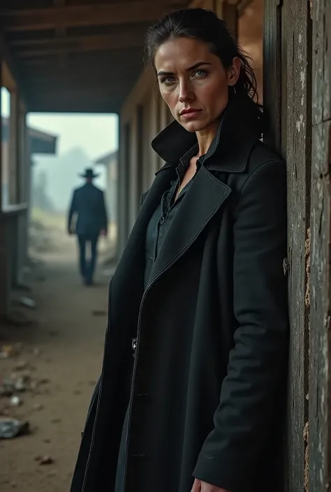 "Ultra-realistic cinematic shot set in a ruined, fog-drenched Old West town. A dark, enigmatic woman cloaked in black stands in the shadows of a crooked wooden shack, partially hidden behind a broken doorway. Her face is pale, eyes sharp and intense, whisp...