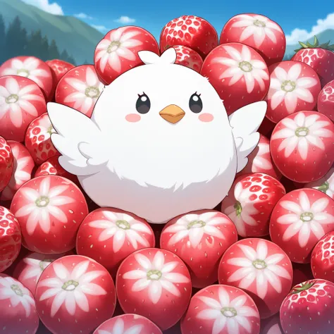 Masterpiece,Best quality, ultra detailed,Japanese Anime style, (pure white sparrow mascot) , round body, fluffy body,simple face, very happy,cute appearance,Outdoors, ((surrounded by lots of wild strawberries))