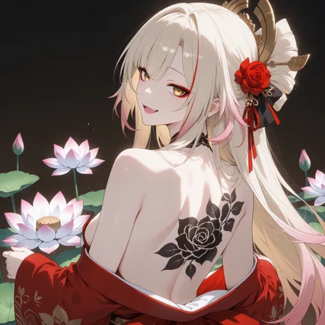 pale-blonde hair, Beautiful, Long Hair, (Rose gradient on hair), Golden Eyes with purple shade, red kimono, cheeky, hair ribbon, alluring, fang, cunning, sly , sexy expression, Kitsune make-up, mature, eyeliner, pale hair, looking back, exposed back kimono...