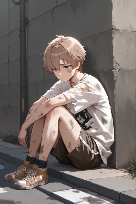 boy, short light brown hair, blue eyes, sitting on the sidewalk with his back against a wall. Full body. With dirty and torn t-shirt and shorts. Sad. Masterpiece.