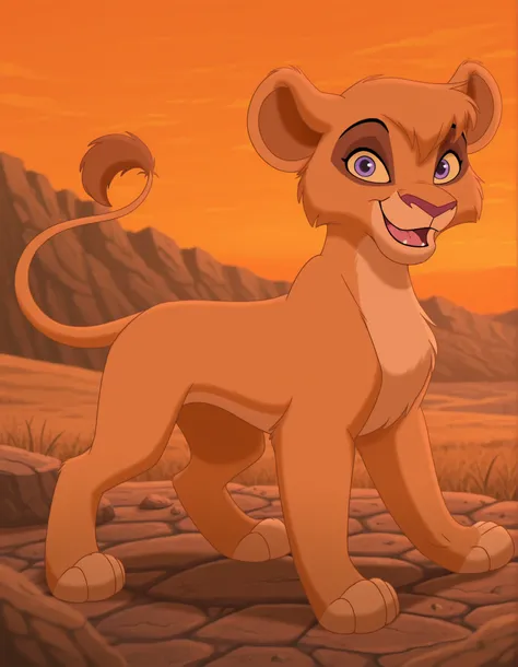 VitaniTLK,, solo, (cub:0.5), furry, feral, feline, lioness, brown hair, short hair, yellow sclera, purple eyes, black pupils, dark-pink nose, brown body, brown fur, tan body, tan fur, two tone body, two tone fur, brown tail, dark-brown tail tuft,, smile, o...