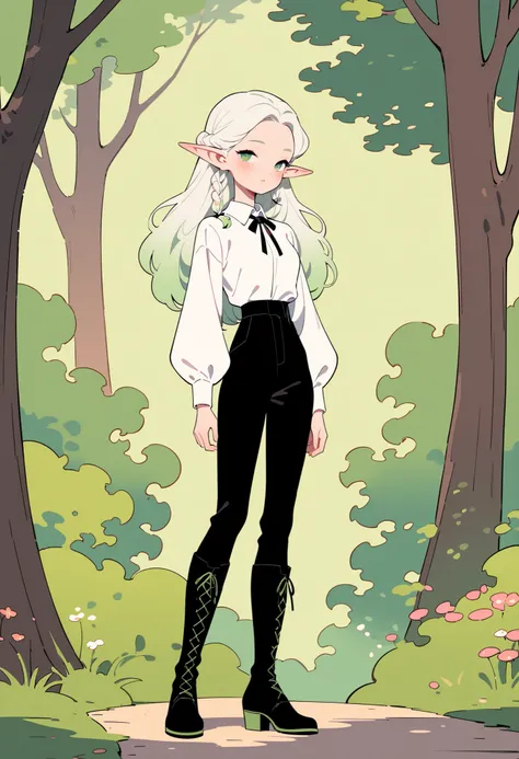 ColourfulPotr41t89,, Vintage_v1,  1girl, pointy ears, solo, long hair, pants, boots, white hair, shirt, elf, nature, white shirt, outdoors, forest, looking at viewer, standing, long sleeves, full body, tree, braid, breasts, blush, knee boots, black pants, ...
