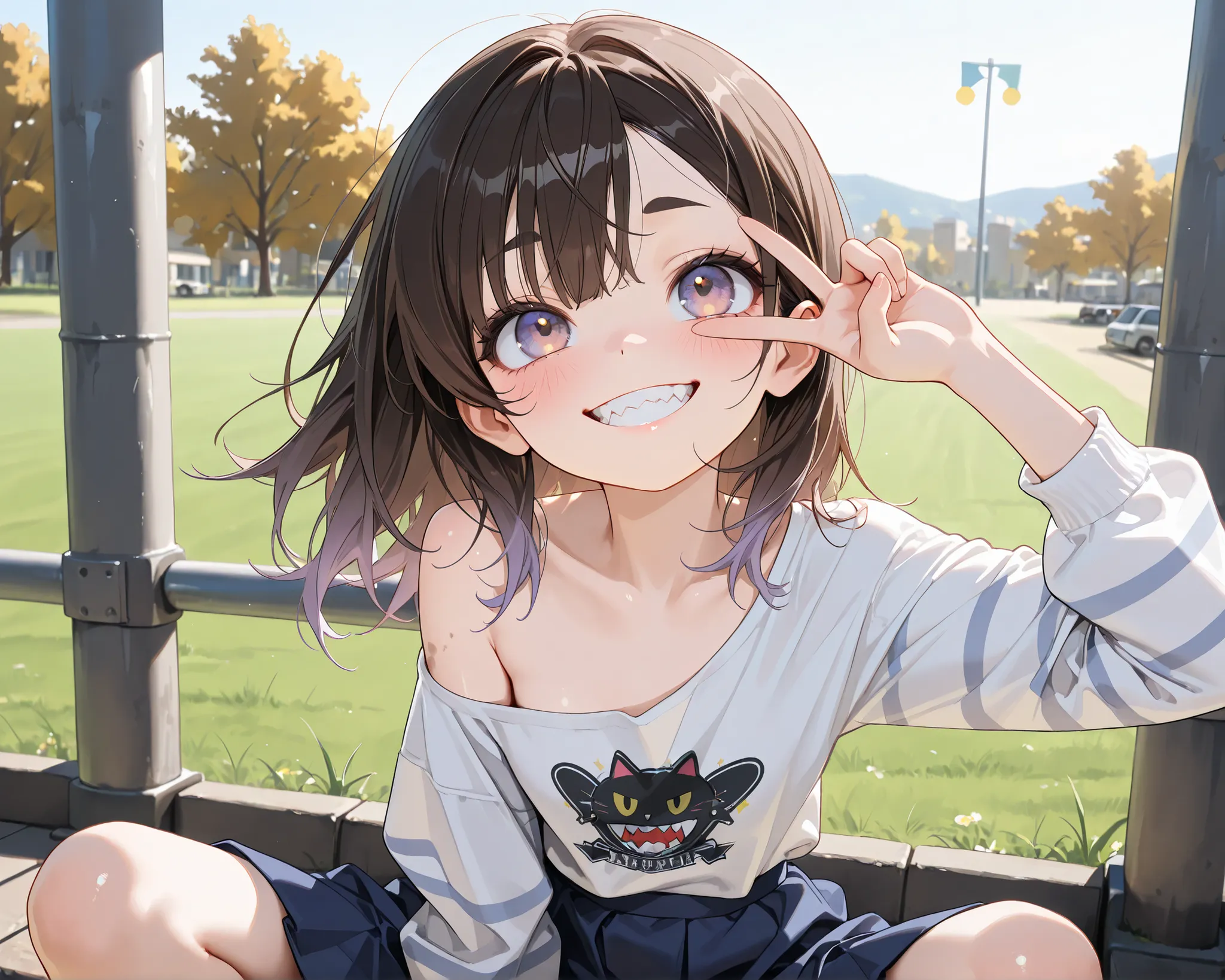 ((Masterpiece)), ((best quality, very aesthetic, absurdres, newest)), (8K), (cinematic lighting), ((1girl)), (cute young girl), (Healthy body, Textured skin, small breast, tilt head), Glossy hair, (Asymmetrical bangs, long side bangs), (medium hair, dark b...