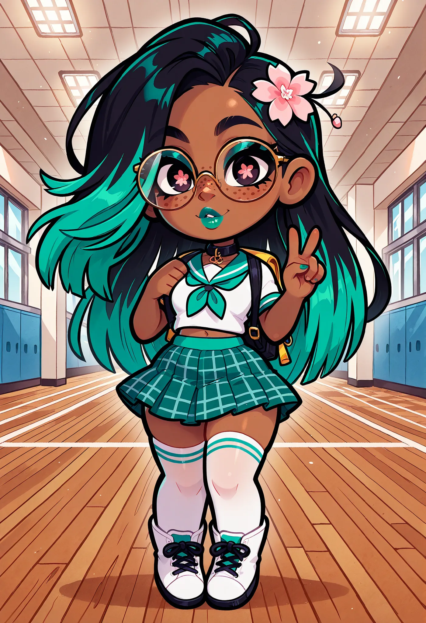 (masterpiece), 1girl, solo, best quality, expressive eyes, perfect face, newest, perfect anatomy, flawless face, dark skinned African female with long hair and glasses, multicolored hair, white knee high stockings, collar, tight green sailor top with short...