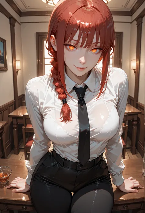 1girl, makima (chainsaw man), red hair, ringed eyes, braided ponytail, solo, black necktie, shirt, collared shirt, black pants, standing, in the room, sitting at the table, sensual look, sexy, attractive, mischievous smile, looking at the viewer, sexy pose...