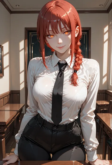 1girl, makima (chainsaw man), red hair, ringed eyes, braided ponytail, solo, black necktie, shirt, collared shirt, black pants, standing, in the room, sitting at the table, sensual look, sexy, attractive, mischievous smile, looking at the viewer, sexy pose...