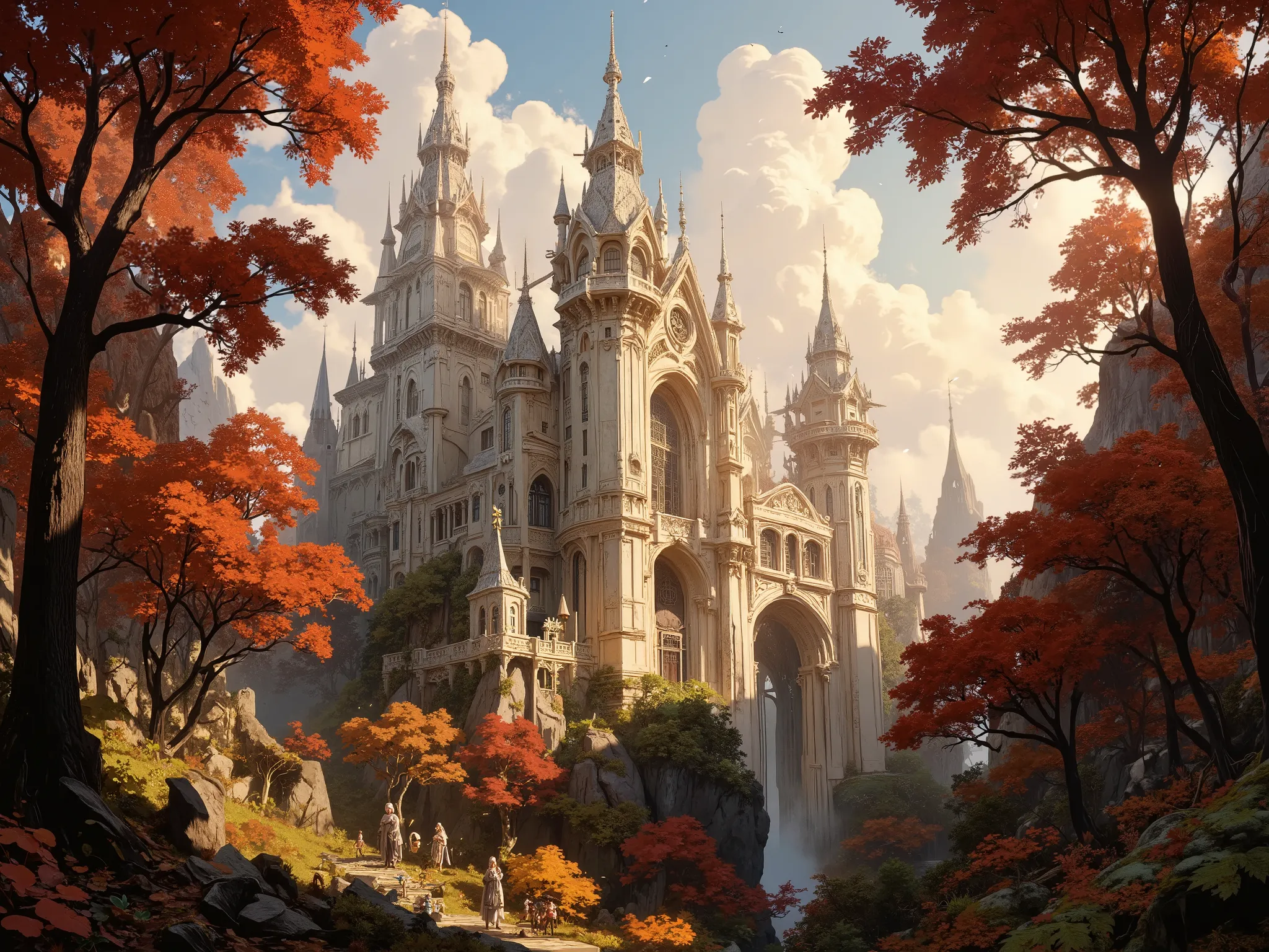 A beautiful elegant white castle in the middle of the autumn forest