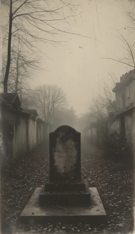Year 1930 , old cemetery where a grave is placed; Maria Lozano Martin 1922-1942, As the fog clears, vintage style with soft and melancholic lighting.