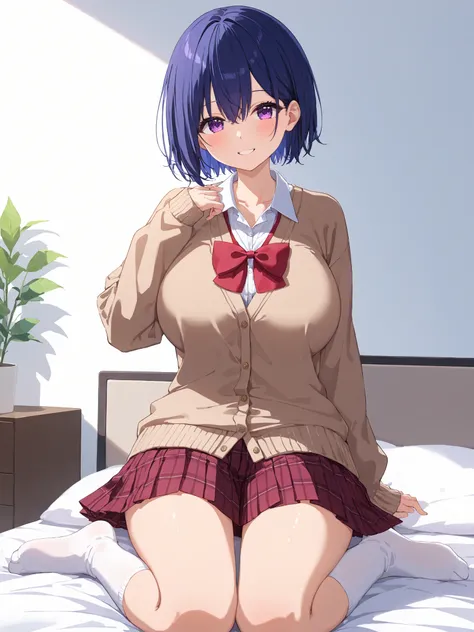 masterpiece, Highest Quality, complicated details, high resolution,
1 woman, solo,
mash short hair, dark blue hair, purple eyes,
huge breast, huge hips, Young face, Short stature,
room, smile, cute pose,transparent underwear with cute fingers,,
bo...
