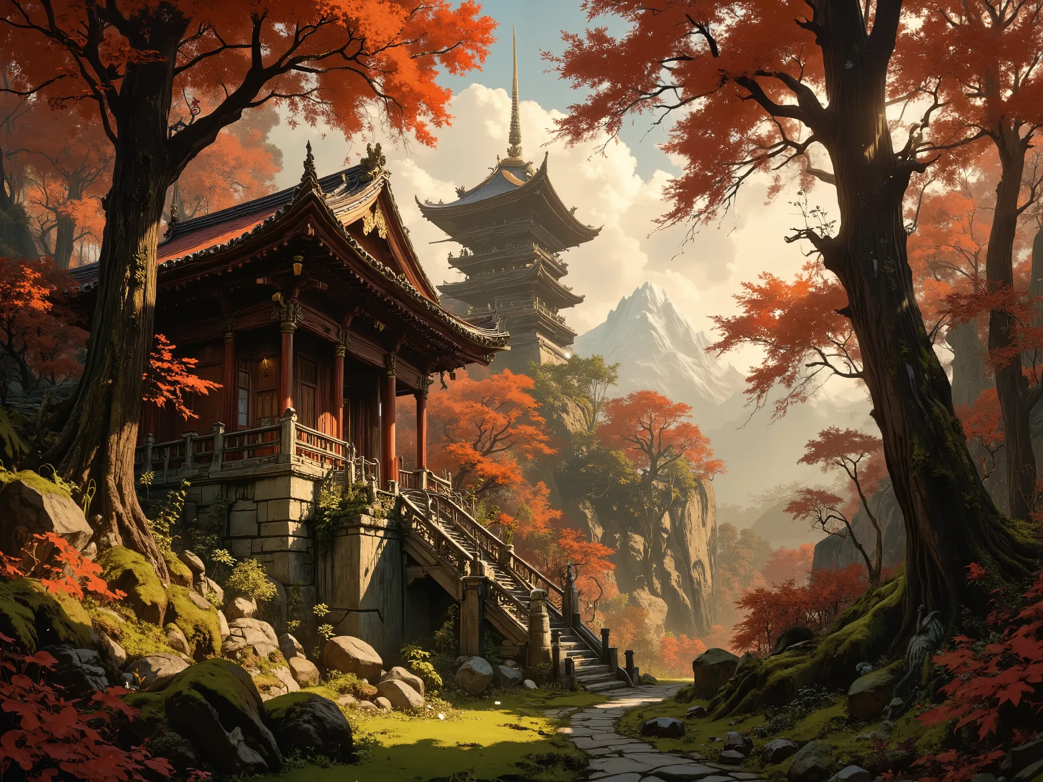 Japanese landscape with red maple trees, an old temple and an overgrown path