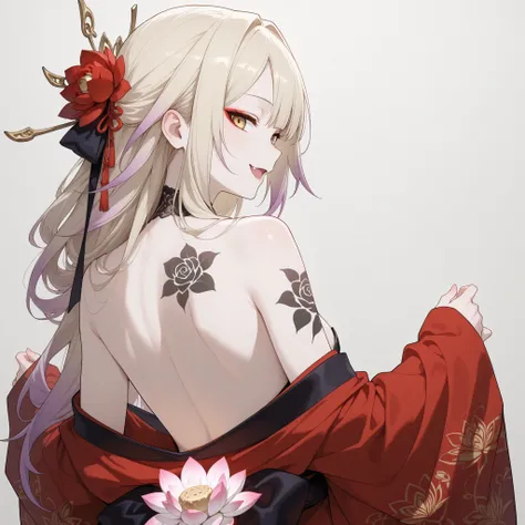 pale-blonde hair, Beautiful, Long Hair, (Rose gradient on hair), Golden Eyes with purple shade, red kimono, cheeky, hair ribbon, alluring, fang, cunning, sly , sexy expression, Kitsune make-up, mature, eyeliner, pale hair, looking back, exposed back kimono...