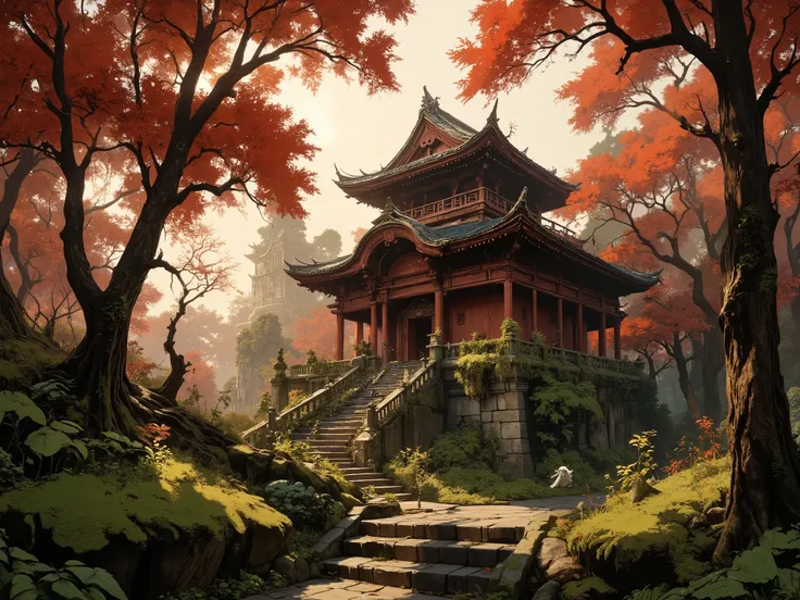 Japanese landscape with red maple trees, an old temple and an overgrown path