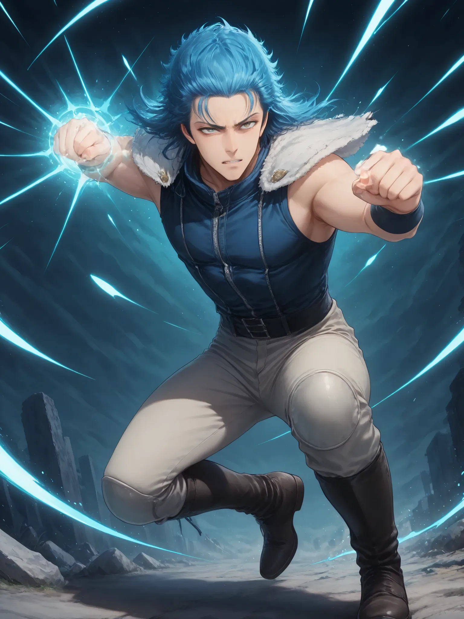 score_9, score_8_up, score_7_up, masterpiece, source_anime,Fist of the North Star _rei,1boy,blue iong hair, spell magic,in a dainamic motion),dynamic magic effect