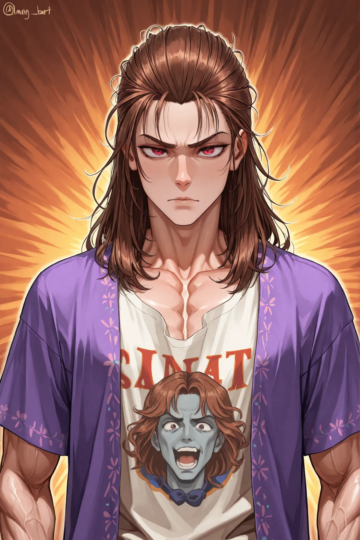 A man in his 30s: brown hair, pronounced muscles, thin, tousled hair , langer Bart, Hippie-Look, loose t-shirt.