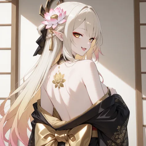 pale-blonde hair, Beautiful, Long Hair, (Rose gradient on hair), Golden Eyes with purple shade, black and gold kimono, cheeky, hair ribbon, alluring, fang, cunning, sly , sexy expression, Kitsune make-up, mature, eyeliner, pale hair, looking back, exposed ...