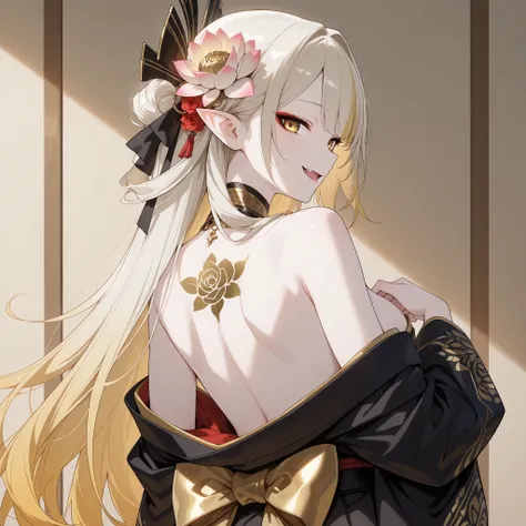 pale-blonde hair, Beautiful, Long Hair, (Rose gradient on hair), Golden Eyes with purple shade, black and gold kimono, cheeky, hair ribbon, alluring, fang, cunning, sly , sexy expression, Kitsune make-up, mature, eyeliner, pale hair, looking back, exposed ...