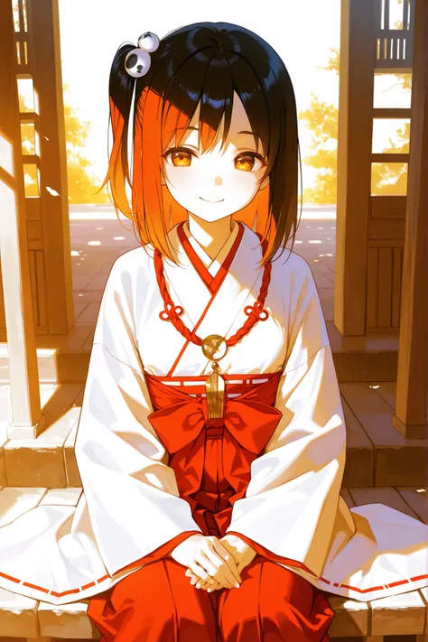  masterpiece,best quality,high resolution，Lots of details,1 Girl,Honoka,Shrine maiden,Hakama,Sitting,Jingu,Smile,Lola:prayer_Honoka:1.0,Fine Details,Realism, clear,Intense color,HDR,illumination,Sunlight,典雅,beautiful,sacred, Mystery,beautiful姿态,Peace of Mi...