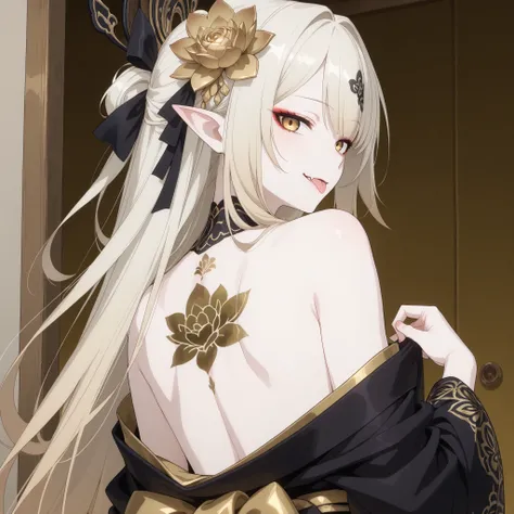 pale-blonde hair, Beautiful, Long Hair, (Rose gradient on hair), Golden Eyes with purple shade, black and gold kimono, cheeky, hair ribbon, alluring, fang, cunning, sly , sexy expression, Kitsune make-up, mature, eyeliner, pale hair, looking back, exposed ...